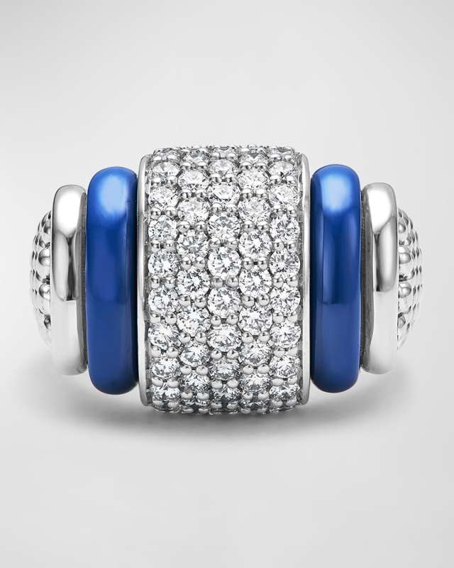 Ceramic and Smooth Square Diamond Pave Ring in Marine Blue
